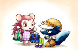 1boy 1girl animal_crossing apron black_hair brown_hair clothes_hanger commentary date_masamune_(sengoku_basara) freckles furry furry_female furry_male hat hatsune_miku hedgehog holding holding_unworn_clothes kicks_(animal_crossing) kneeling ko-on_(ningen_zoo) looking_at_another looking_down necktie nintendo pigeon-toed red_eyes sable_able_(animal_crossing) sengoku_basara shoes skirt skunk socks standing suspenders tail vocaloid white_hair