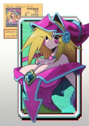 Rule 34 | 1girl, alternate color, bare shoulders, blonde hair, blush stickers, breasts, cleavage, dark magician girl, derivative work, duel monster, hat, highres, large breasts, long hair, looking at viewer, pink eyes, shakeeeeeeeee, solo, sprite redraw, upper body, wizard hat, yu-gi-oh!, yu-gi-oh! dark duel stories