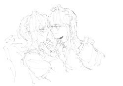2girls alternate_costume asahina_yuni blush enmaided eye_contact greyscale haoxiangkan_nutong highres juliet_sleeves kyou_wa_kanojo_ga_inai_kara long_sleeves looking_at_another maid maid_headdress monochrome multiple_girls profile puffy_short_sleeves puffy_sleeves short_sleeves smile taki_fuuko yuri