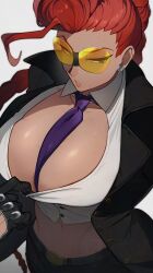 1girl belt black_gloves black_jacket braid breasts buttons crimson_viper dark-skinned_female dark_skin earrings gloves green_eyes hair_bun highres huge_breasts jacket jewelry lips long_hair navel necktie open_clothes open_jacket purple_necktie red_hair shiny_skin street_fighter sunglasses trnnmnm4