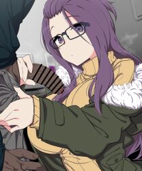 1boy 1girl bangs_pinned_back bar_censor black-framed_eyewear breasts censored dark-skinned_male dark_skin flaccid glasses green_jacket hair_flip handjob hetero highres interracial jacket kagamihara_sakura kuro_mushi large_breasts long_hair looking_at_viewer penis purple_eyes purple_hair rectangular_eyewear ribbed_sweater solo_focus sweater turtleneck turtleneck_sweater yellow_sweater yurucamp