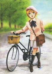 Rule 34 | 1980s (style), 1987, 1girl, bag, basket, bicycle, blue eyes, dated, elpeo puru, gundam, gundam zz, hat, highres, kitazume hiroyuki, neck ribbon, oldschool, orange hair, park, production art, retro artstyle, ribbon, scan, school bag, shoes, signature, traditional media, tree
