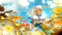 1girl absurdres animal bare_shoulders bead_bracelet beads black_gloves blue_bow blue_bowtie blue_skirt blue_sky bow bowtie bracelet brown_eyes bubble cat center_frills cloak closed_mouth clothed_animal cloud collared_shirt cowboy_shot ear_covers earrings eyelashes field floating_hair floral_memory_(infinity_nikki) flower flower_earrings flower_field frilled_shirt frilled_shirt_collar frills gloves hair_between_eyes hair_bow hand_up high-waist_skirt high_collar highres hood hood_up hooded_cloak infinity_nikki jewelry light_particles lips momo_(nikki) nikki_(nikki) nikki_(series) pink_lips ponytail purple_flower red_flower reflection reflection_focus reflective_water ripples shirt skirt sky sleeveless sleeveless_shirt smile sunflower sunflower_field tuilihuanghoulingmuyuanzi white_cat white_hair white_shirt wind yellow_cloak yellow_flower