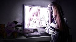 2girls :d ai-chan_(love_angel_syndrome) bedroom blunt_bangs bow brown_hair computer_keyboard from_behind glowing hair_bow hair_ornament hairclip hand_on_screen highres jacket jacket_on_shoulders joints long_hair love_angel_syndrome monitor multiple_girls non-web_source off_shoulder open_mouth pill_hair_ornament pink_hair reaching reaching_towards_another robot_joints sidelocks smile sparkling_eyes spotlight stuffed_animal stuffed_toy twintails upper_body white_jacket wide-eyed yuuna_(love_angel_syndrome)