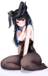 1girl absurdres animal_ears black_hair black_leotard black_pantyhose blue_hair blush breasts cleavage closed_mouth colored_inner_hair demon_horns dio_dio fake_animal_ears highres hololive hololive_english horns large_breasts leotard long_hair looking_at_viewer multicolored_hair nerissa_ravencroft pantyhose playboy_bunny rabbit_ears red_eyes smile solo strapless strapless_leotard virtual_youtuber white_background