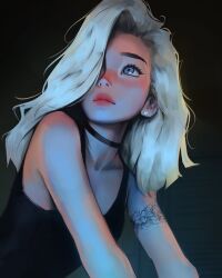 Rule 34 | 1girl, arm tattoo, black choker, blue eyes, choker, closed mouth, collarbone, commentary, curtained hair, earrings, hair over one eye, highres, jewelry, kara (sam yang), long hair, looking up, one eye covered, original, red lips, sam yang, shirt, sleeveless, sleeveless shirt, solo, tattoo, white hair, white shirt