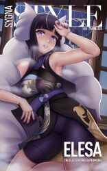 1girl alternate_costume armpits black_dress black_hair blunt_bangs character_name cover dated dress electricity elesa_(pokemon) elesa_(sygna_suit)_(alt.)_(pokemon) english_text fake_horns fake_magazine_cover floral_print hand_on_own_head highres horns japanese_clothes kimono light_smile lightning magazine_cover multicolored_hair negaska nintendo official_alternate_costume pokemon pokemon_masters_ex purple_eyes purple_nails rain sash shawl shorts sidelocks sitting sleeveless sleeveless_dress sleeveless_kimono solo streaked_hair teeth wet