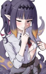1girl ;) black_bow black_bowtie blunt_bangs bow bowtie breasts clothes_around_waist commentary diamond_hairband english_commentary eyepatch finger_to_mouth flashing grey_jacket highres hololive jacket jacket_around_waist light_blush long_hair long_sleeves looking_at_viewer mole mole_under_eye multicolored_hair ninomae_ina&#039;nis ninomae_ina&#039;nis_(school_uniform) official_alternate_costume one_eye_closed open_clothes open_shirt pink_hair pointy_ears purple_eyes purple_hair sanwanton school_uniform shirt shushing side_ponytail simple_background small_breasts smile solo tentacles two-tone_hair virtual_youtuber white_background white_shirt