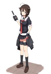 Rule 34 | 1girl, absurdres, ahoge, black gloves, black shirt, black skirt, black socks, braid, brick floor, brown hair, brown shoes, clothes lift, commentary request, double-parted bangs, fingerless gloves, from side, full body, gloves, hair between eyes, hair flaps, hair ornament, hair over one eye, hair ribbon, head tilt, highres, holding, holding turret, kantai collection, kneehighs, loafers, long hair, looking at viewer, necktie, pleated skirt, red necktie, red ribbon, ribbon, sailor collar, shigure (kancolle), shigure kai ni (kancolle), ship turret, shirt, shoes, short-sleeved sweater, short sleeves, sidelocks, simple background, single braid, skirt, skirt lift, socks, solo, standing, sweater, thigh strap, torpedo launcher, translation request, turret, white background, white sailor collar, yuzuki draw