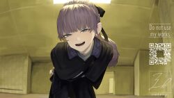 1girl backrooms_(creepypasta) black_ribbon black_shawl black_skirt brown_hair hair_ribbon half-closed_eyes highres joki_yoh lapwing_(vrchat) leaning_forward looking_at_viewer open_mouth ponytail purple_eyes qr_code ribbon shawl shirt signature skirt solo teeth turtleneck turtleneck_shirt twitter_username vrchat watermark