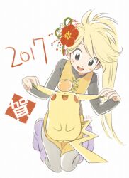 1girl 2017 black_eyes black_shirt blonde_hair boots creatures_(company) dated flower food fruit game_freak gen_1_pokemon grabbing_another&#039;s_ear grey_pants hair_flower hair_ornament hand_on_another&#039;s_ear happy kneeling long_hair long_sleeves new_year nintendo on_lap open_mouth orange_(fruit) pants pikachu pokemon pokemon_(creature) pokemon_adventures pokemon_on_lap ponytail purple_footwear seirakun3 shirt simple_background vest white_background yellow_(pokemon) yellow_vest