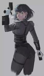1girl arched_back arm_at_side arm_strap arm_up armband ass belt belt_around_waist black_armband black_belt black_pantyhose black_shirt black_shorts black_sleeve_cuffs blue_hair breasts chest_harness cigarette collared_shirt commentary dual_wielding earrings english_commentary epaulettes from_behind gloves green_eyes grey_background gun half-closed_eyes handgun harness high-waist_shorts high_collar holding holding_gun holding_weapon hoop_earrings jewelry long_eyelashes long_sleeves looking_at_viewer looking_back medium_breasts military_rank_insignia military_uniform narrowed_eyes original pantyhose raised_eyebrow shirt short_hair short_shorts shorts side_slit side_slit_shorts simple_background sketch smoke smoke_trail smoking soldier solo swept_bangs thick_eyelashes thigh_strap thighs too_many too_many_belts underbust vertigris weapon white_gloves
