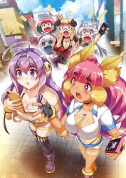 blonde_hair cellphone ichigo_lemonade jastidols kumo_kuddelmuddel multicolored_hair phone pink_hair pubic_tattoo purple_eyes purple_hair reiyu_guigui tan tane_tenshi tanline tattoo two-tone_hair virtual_youtuber vividly_vivi white_hair yozora_aoi