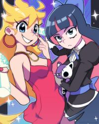 Rule 34 | 2girls, absurdres, back bow, ben-day dots, billdadinosaur, black dress, blonde hair, blue bow, blue eyes, blue hair, blue ribbon, bow, breasts, cleavage, colored inner hair, dress, earrings, eyelid pull, four-pointed star, frown, glowing, glowing weapon, gothic lolita, green eyes, grin, gun, hair bow, highres, holding, holding gun, holding stuffed toy, holding sword, holding weapon, honekoneko (psg), jewelry, lolita fashion, long hair, looking at viewer, multicolored hair, multiple girls, panty &amp; stocking with garterbelt, panty (psg), pink streaks, purple background, red dress, ribbon, screentones, siblings, sisters, smile, stocking (psg), stuffed animal, stuffed cat, stuffed toy, sword, weapon