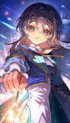 1girl absurdres aqua_dress aqua_skirt black_hairband black_jacket blue_ribbon collar collared_dress cropped_jacket crying crying_with_eyes_open dress firefly_(honkai:_star_rail) fireworks frilled_sleeves frills green_eyes grey_hair hair_between_eyes hair_intakes hair_ornament hair_ribbon hairband highres holding holding_fireworks honkai:_star_rail honkai_(series) jacket long_hair long_sleeves multicolored_eyes neckerchief nero_hanken open_mouth orange_neckerchief ribbon shooting_star skirt sky solo star_(sky) starry_sky streaming_tears tears teeth watermark white_collar white_sleeves