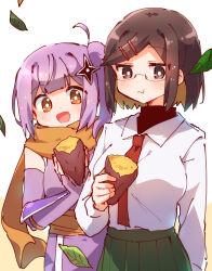 2girls absurdres breasts bright_pupils brown_eyes brown_hair collared_shirt commentary_request eating elbow_gloves falling_leaves food glasses gloves green_skirt hair_ornament hairclip highres holding holding_food japanese_clothes koga_konoha kusagakure_satoko large_breasts leaf long_sleeves looking_at_viewer multiple_girls necktie ninja_to_koroshiya_no_futarigurashi nyaa_(nnekoron) open_mouth orange_eyes orange_sash orange_scarf pleated_skirt purple_gloves purple_hair red_necktie roasted_sweet_potato scarf school_uniform shirt shirt_tucked_in short_hair shuriken_hair_ornament side_ponytail skirt smile sweet_potato white_background white_pupils white_shirt