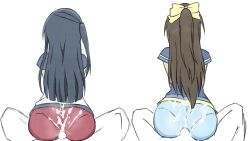 Rule 34 | 2boys, 2girls, absurdres, black hair, bow, brown hair, bulge, bulge to ass, buttjob, cum, cum in clothes, cum on ass, cum on body, cum on clothes, cum through clothes, hair bow, highres, long hair, love live!, love live! nijigasaki high school idol club, multiple boys, multiple girls, osaka shizuku, panties visible through clothes, pants, partially colored, shirt, shizuwonderland, sitting, sitting on lap, sitting on person, through clothes, yuki setsuna