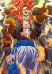 abs aura biceps blue_eyes blue_sash brown_fur dragon_ball dragon_ball_gt fusion fusion_dance gogeta highres large_pectorals male_focus metamoran_vest monkey_boy monkey_tail muscular muscular_male pants pectorals red_hair sash spiked_hair stynl_f super_saiyan super_saiyan_4 tail veins white_pants