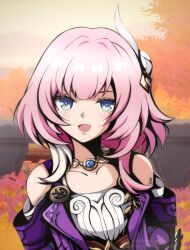 Rule 34 | autumn leaves, bare shoulders, blue eyes, breasts, coat, commentary, cyrene (honkai: star rail), dress, eiji nochi, english commentary, hair ornament, highres, honkai: star rail, honkai (series), jewelry, leaf, medium hair, multicolored hair, necklace, open mouth, orange sky, outdoors, pink hair, pink pupils, purple coat, sky, small breasts, two-tone hair, white dress, white hair
