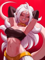 1girl android_21 armpits arms_up bandeau black_sclera breasts collarbone colored_sclera colored_skin dragon_ball dragon_ball_fighterz earrings grin hair_between_eyes highres ivyrandomart jewelry long_hair looking_at_viewer majin_android_21 midriff navel neck_ring pink_skin pointy_ears red_background red_eyes smile solo tail very_long_hair white_hair