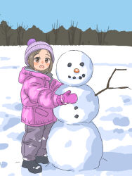 1girl beanie black_shoes brown_eyes brown_hair drawstring grey_pants hare_(tsooy18pjwdw21h) hat hood hood_down hooded_jacket jacket mittens open_mouth original outdoors pants pink_jacket pom_pom_(clothes) pom_pom_beanie purple_hat shoes snow snowman solo standing winter winter_clothes