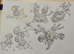 Rule 34 | alternate color, bush, chinese commentary, commentary request, deino (pokemon), evolutionary line, fangs, flying sweatdrops, gen 5 pokemon, highres, hydreigon, molingxiang chimangguo, nintendo, no humans, open mouth, peeking out, photo (medium), pokemon, pokemon (creature), pokemon focus, rock, shiny pokemon, standing, traditional media, zweilous, zzz