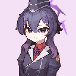 ! !! 1girl ? ?? animated animated_gif apieceofpixel black_hat black_jacket blinking blue_archive cheek_poking closed_mouth disembodied_hand hair_between_eyes haruka_(blue_archive) hat jacket long_hair looking_at_viewer pixel_art poking purple_background purple_eyes purple_hair simple_background solo_focus upper_body