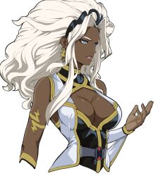 1girl blue_eyes breasts burugozu cleavage dark-skinned_female dark_skin eyelashes floating_hair highres large_breasts marvel marvel_tokon:_fighting_souls simple_background solo storm_(x-men) superhero_costume upper_body white_hair wrist_guards x-men