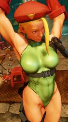 1girl 3d antenna_hair bare_shoulders blonde_hair blue_eyes braid breasts cammy_white covered_navel curvy gloves green_leotard groin hat highleg highleg_leotard highres large_breasts leotard lips long_hair red_gloves red_hat ryona screencap shiny_clothes solo street_fighter street_fighter_v stretching thighs third-party_edit thong_leotard twin_braids very_long_hair wide_hips