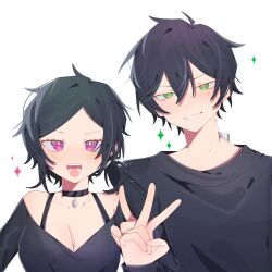 1boy 1girl :d absurdres ahoge andrew_graves ashley_graves bare_shoulders black_choker black_hair black_shirt black_sweater blush bra_strap breasts bright_pupils brother_and_sister choker cleavage commentary double-parted_bangs green_eyes grin hair_between_eyes hair_tie hand_up highres index_finger_raised large_breasts long_sleeves low_ponytail medium_hair off-shoulder_shirt off_shoulder open_mouth pendant_choker pink_eyes ponytail shirt short_hair siblings simple_background smile sparkle straight-on sweater swept_bangs symbol-only_commentary tag tantantan21 teeth the_coffin_of_andy_and_leyley tongue upper_body v v-shaped_eyebrows white_background white_pupils