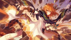 1girl azta_(benghuai_xueyuan) benghuai_xueyuan blurry blurry_foreground brown_gloves closed_mouth cloud cloudy_sky dress feather_hair_ornament feathers fingerless_gloves floating gloves hair_ornament highres honkai_(series) jewelry looking_at_viewer medium_hair necklace official_art orange_eyes orange_hair outdoors scarf sky sleeveless sleeveless_dress solo stone sunset tattoo v-shaped_eyebrows white_dress