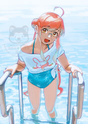 1girl absurdres ahoge animal_print aqua_one-piece_swimsuit casual_one-piece_swimsuit double_bun feet_out_of_frame glasses hair_bun highres holding kantai_collection long_hair looking_at_viewer makigumo_(kancolle) makigumo_(swimsuit)_(kancolle) ojipon one-piece_swimsuit open_mouth pink_hair pool_ladder rabbit_print shirt smile solo swimsuit swimsuit_under_clothes tied_shirt twintails wading water watermark yellow_eyes