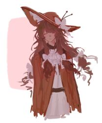 1girl ascot belt bow brown_belt brown_hair brown_hat closed_eyes closed_mouth dream_game hair_bow hat hat_bow highres long_hair low-tied_long_hair low-tied_sidelocks nashatra_bealdhild roblox shiroame000 sidelocks simple_background solo upper_body very_long_hair white_ascot white_background white_bow