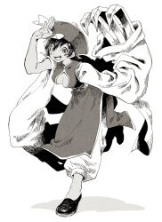 Rule 34 | 1girl, blush stickers, breasts, chinese clothes, claw (weapon), cleavage cutout, clothing cutout, darkstalkers, flats, greyscale, hat, hsien-ko, jiangshi, large breasts, monochrome, ofuda, open mouth, qingdai guanmao, running, salute, shoes, simple background, solo, weapon, white background, yuza