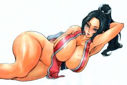 1girl ass breasts breasts_squeezed_together brown_eyes cleavage convenient_censoring curvy fatal_fury huge_breasts legs_together lying no_panties ponytail shiny_skin shiranui_mai simple_background smile the_king_of_fighters white_background wide_hips wrato