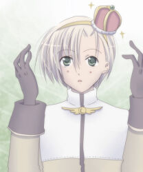 1boy acolyte_(ragnarok_online) black_gloves blonde_hair blush cassock commentary_request crown dated_commentary gloves green_background green_eyes hands_up looking_up lowres male_focus mini_crown open_mouth ragnarok_online sharari short_hair solo sparkle upper_body