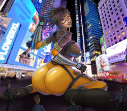 1girl 3girls ass batman_(series) blizzard_(company) breasts brown_hair city city d.va_(overwatch) dc_comics deviantart deviantart_username female_focus flowerxl gloves harley_quinn highres huge_ass large_breasts looking_at_viewer multiple_girls night overwatch shoes short_hair sitting suicide_squad taller_girl thick_thighs thighs tracer_(overwatch) union_jack wariza
