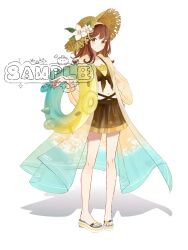 1girl :o bare_legs bayside_summer_(miracle_nikki) bikini bikini_skirt black_bikini black_bow blue_jacket blunt_bangs bow bow_bikini brown_hair brown_jacket chinese_commentary commentary commission dot_nose expressionless flower full_body gradient_clothes gradient_jacket green_eyes hat hat_flower highres holding holding_swim_ring innertube jacket knees leaf light_blush long_hair long_sleeves looking_at_viewer miracle_nikki navel nikki_(series) parted_lips sample_watermark sandals see-through_clothes see-through_jacket shadow simple_background solo standing straight_hair straw_hat sun_hat swim_ring swimsuit tachi-e tareme toes watermark white_background white_flower white_sandals wide_sleeves yellow_hat youyidianqingming