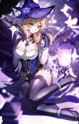 absurdres book breasts brown_hair cleavage closed_mouth dress flower gem genshin_impact gloves green_eyes hat hat_flower high_heels highres lantern lisa_(genshin_impact) long_hair looking_at_viewer purple_dress purple_gemstone purple_gloves purple_hat purple_shoes purple_thighhighs shoes short_sleeves smile solo thighhighs thighs witch_hat wuzhihuijia