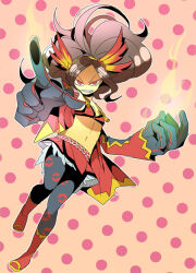 Rule 34 | boots, bra, brown hair, checkered clothes, fire, gloves, gold trim, hairband, kaihime, large hands, long hair, navel, nintendo, pantyhose, pointing, pointing at viewer, poke ball print, pokemon, pokemon conquest, red bra, red eyes, red footwear, red skirt, sengoku musou, shadow, skirt, smile, swept bangs, tassel, teeth, underwear