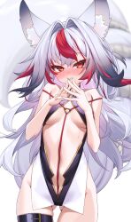 1girl animal_ear_fluff animal_ears black_hair blush breasts clothing_cutout commentary_request dress eyelashes fox_ears fox_girl fox_tail gluteal_fold grey_hair hair_intakes highres large_tail long_hair looking_at_viewer medium_breasts multicolored_hair ninsaki_(9saki) original own_hands_together pink_hair red_eyes red_hair red_rope rope simple_background skindentation solo steepled_fingers streaked_hair tail thigh_strap white_background