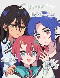 1boy 2girls amate_yuzuriha aqua_eyes black_hair blue_hair collared_shirt colored_inner_hair commentary_request copyright_name dated episode_number fuji_(f_ukkami) grey_background gundam gundam_gquuuuuux highres holding holding_phone long_hair long_sleeves looking_at_phone lower_eyelashes_only multicolored_hair multiple_girls necktie nyaan_(gundam_gquuuuuux) open_mouth phone ponytail purple_hair red_eyes red_hair school_uniform shirt short_hair shuji_ito simple_background smile sweatdrop sweater two-tone_hair yellow_eyes