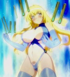 1girl absurdres aurasolo blonde_hair blue_eyes blush breasts cleavage highres large_breasts long_hair masou_gakuen_hxh mecha_musume miyai_kana navel stitched surprised third-party_edit yurishia_farandole