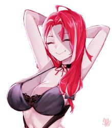 1girl alternate_breast_size alternate_form arms_behind_head artist_logo black_bra bra breasts cleavage closed_eyes colored_skin grey_skin highres hololive hololive_indonesia kureiji_ollie lace lace-trimmed_bra lace_trim large_breasts logo long_hair looking_at_viewer ma_draws multicolored_eyes multicolored_hair multicolored_skin patchwork_skin pink_hair red_hair sallie_(kureiji_ollie) smile solo streaked_hair two-tone_skin underwear upper_body virtual_youtuber white_background yellow_eyes zombie