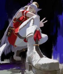 1girl absurdres animal_ears armband bare_shoulders blunt_bangs boots bow daodtt dress ear_bow ear_covers ear_ribbon footwear_bow foreshortening from_below gold_ship_(umamusume) highres horse_ears horse_girl on_one_knee perspective pillbox_hat pink_eyes red_dress simple_background sleeveless sleeveless_dress smile solo umamusume v white_boots white_hair
