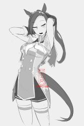 Rule 34 | 1girl, animal ears, armpits, arms up, breasts, collared dress, commission, dress, ear ornament, epaulettes, flower-shaped pupils, gloves, greyscale, hairband, hand in own hair, high ponytail, highres, horse ears, horse girl, long hair, medium breasts, mir (miryumiya), monochrome, neckerchief, ponytail, sakura bakushin o (umamusume), shorts, simple background, sleeveless, sleeveless dress, solo, sweat, symbol-shaped pupils, thighhighs, umamusume, very long hair, watermark, white background