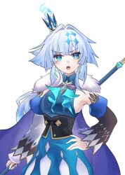 1girl artist_name blue_dress blue_eyes blue_hair breasts cerydra_(honkai:_star_rail) coilin07 crown detached_sleeves dress fur-trimmed_gloves fur_trim gloves hair_intakes highres holding holding_polearm holding_weapon honkai:_star_rail honkai_(series) long_hair medium_breasts mini_crown open_mouth polearm simple_background solo weapon white_background