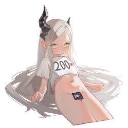1girl absurdres asymmetrical_horns black_horns blush closed_mouth condom cropped_legs cut-here_line ear_blush goddess_of_victory:_nikke green_eyes grey_hair highres holypotato0 horns leviathan_(nikke) long_hair looking_at_viewer lying navel on_back pointy_ears shirt short_sleeves solo stomach twitter_cutting_game uneven_horns very_long_hair white_background white_shirt