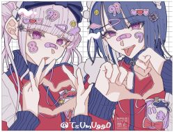 bandaid brother_and_sister heart heart_hands highres long_hair long_sleeves looking_at_viewer matching_outfits open_mouth pink_eyes pink_hair purple_hair siblings simple_background the_hundred_line_-last_defense_academy- tongue tongue_out tsukumo_ima tsukumo_kako twins white_background