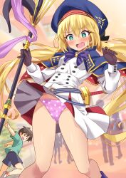 1boy 1girl artoria_caster_(fate) artoria_caster_(second_ascension)_(fate) artoria_pendragon_(fate) bare_legs belt blonde_hair blue_belt blue_capelet blue_hat blush bow breasts bright_pupils buttons capelet clothes_lift crotch_seam dress dress_lift fate/grand_order fate_(series) flustered gloves green_eyes groin hair_ribbon hat highres holding holding_staff long_hair long_sleeves o-ring o-ring_belt open_mouth panties purple_bow purple_panties ribbon shimouki_izui short_dress skirt skirt_flip small_breasts staff staff_of_selection_(fate) standing star_panties striped_belt sword underwear upskirt w_arms weapon white_dress white_pupils
